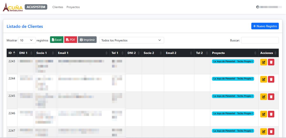 Listado de clientes del sistema AcuSystem con exportación a Excel y PDF
