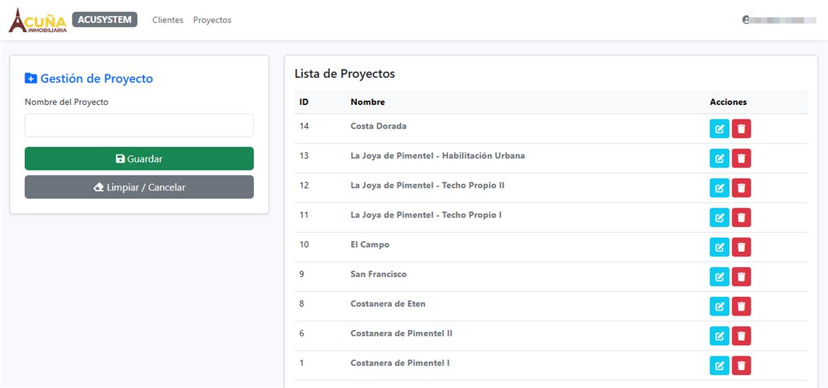 Gestión de proyectos inmobiliarios en AcuSystem